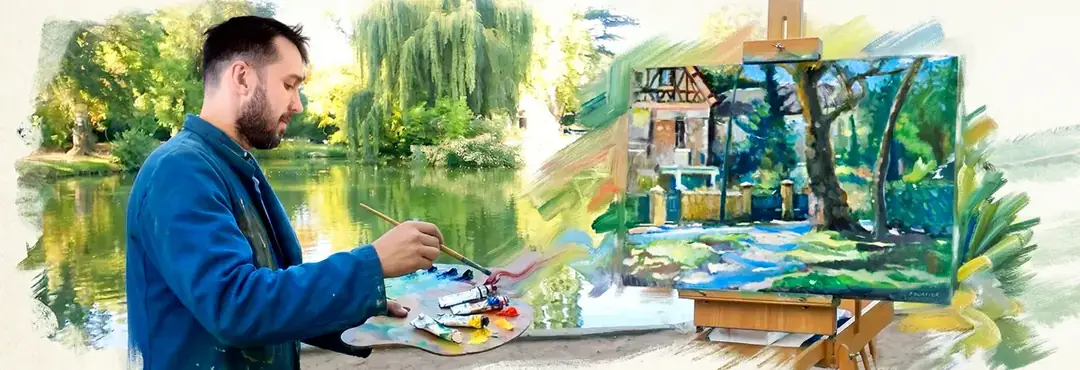 Thibault Boursier painting at his easel by the water