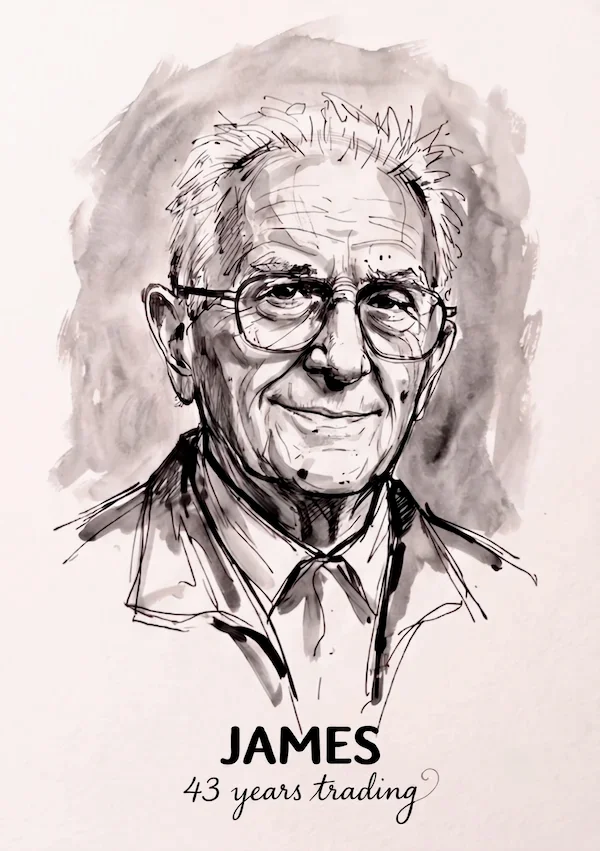 Hand-drawn ink retirement portrait of a man, drawn from the photo, with his name and years lettered beneath
